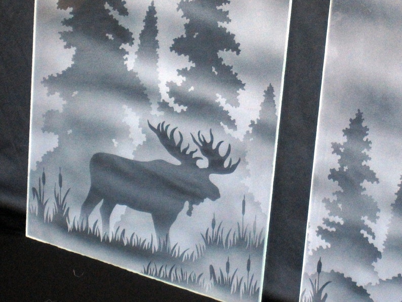 Etched Moose and Snowy Owl Cabinet Glass Up North image 1