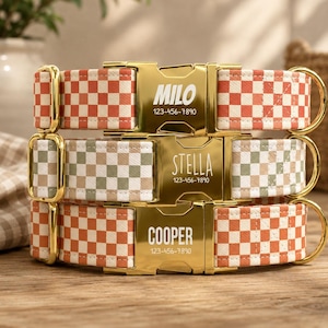Puede incluir: Tres collares para mascotas con hebillas de metal dorado. Los collares superior e inferior tienen un patrón de cuadros naranja y blanco, mientras que el central es verde salvia y blanco. Cada hebilla tiene grabado un nombre y número: Milo 123-456-7890, Stella 123-456-7890 y Cooper 123-456-7890.