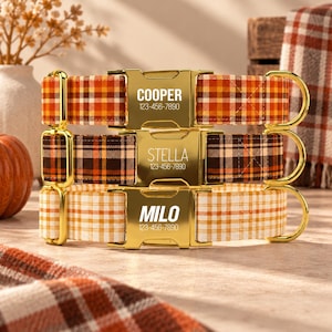 May include: Three pet collars with plaid fabric patterns in orange, brown, and cream. Each collar features a gold-tone metal side-release buckle engraved with a name and phone number: COOPER 123-456-7890, STELLA 123-456-7890, and MILO 123-456-7890.