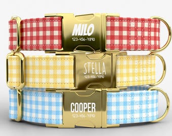 Personalized Picnic Gingham Dog Collar, Custom Engraved Metal Buckle Leash