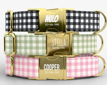 Personalized Dog Collar, Metal Buckle, Gingham Pattern, Custom Engraved Name