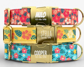 Personalized Tropical Floral Dog Collar, Custom Engraved Metal Buckle, Summer Hibiscus Leash