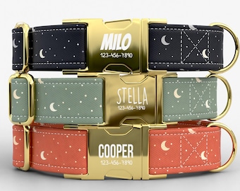 Moon & Stars Celestial Personalized Dog Collar with Leash, Custom Engraved Name, Late Night Style Metal Buckle TPPMC-16