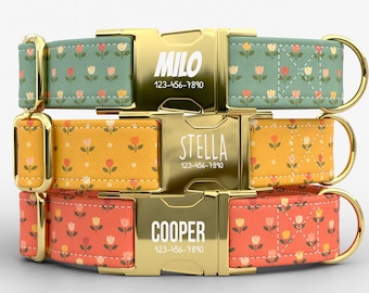 Personalized Floral Dog Collar with Metal Buckle, Custom Engraved Name Leash Set