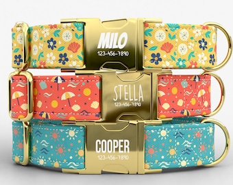 Personalized Tropical Beach Dog Collar, Custom Engraved Metal Buckle Leash