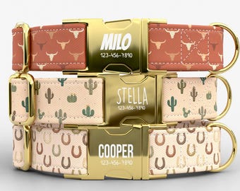 Personalized Western Dog Collar with Leash, Cactus, Longhorn Buckle