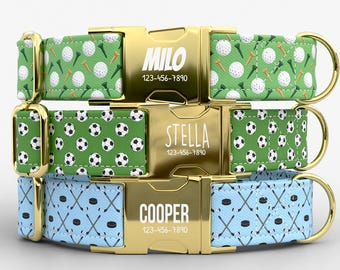 American Sports Personalized Dog Collar with Leash, Custom Engraved Name, Metal Buckle TPPMC-21