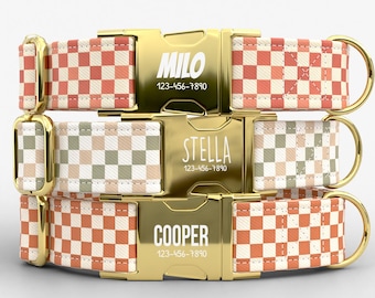 Checkered Personalized Dog Collar with Leash, Custom Engraved Name, Metal Buckle TPPMC-11