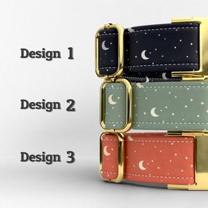 May include: Three stacked collars with gold-tone metal hardware. Design 1 is dark navy, Design 2 is sage green, and Design 3 is terracotta orange. Each collar features a repeating pattern of white crescent moons and small stars with white stitching.