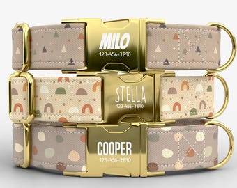 Boho Neutral Personalized Dog Collar with Leash, Custom Engraved Name, Minimalist Pattern Metal Buckle TPPMC-10