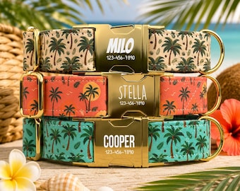 Palm Tree Personalized Dog Collar with Leash, Tropical Beach Pet Collar, Custom Engraved Collar TPPMC-40