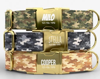 Camouflage Personalized Dog Collar with Leash, Custom Engraved Name, Metal Buckle TPPMC-15