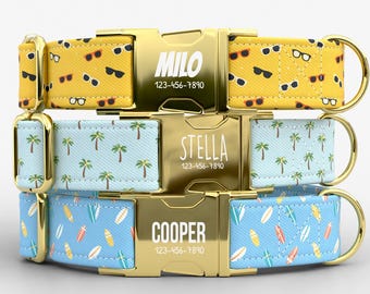 Personalized Tropical Dog Collar, Custom Engraved Metal Buckle, Beach Style Leash