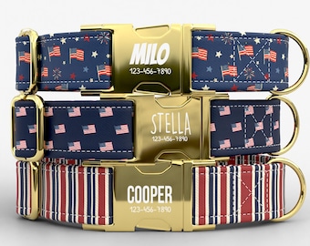 Independence Day Personalized Dog Collar with Leash, Custom Engraved Name, 4th of July Metal Buckle TPPMC-14