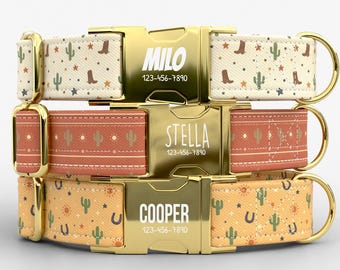 Western Desert Personalized Dog Collar with Leash, Custom Engraved Name, Cowboy Metal Buckle TPPMC-1