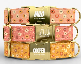 Retro Floral Personalized Dog Collar with Leash, Custom Engraved Name, Daisy Pattern Metal Buckle TPPMC-3