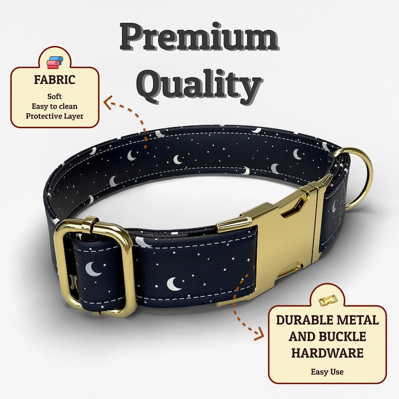 May include: A dark blue pet collar featuring a white crescent moon and star pattern, equipped with gold-colored metal hardware including a side-release buckle and a D-ring. The image includes text labels stating Premium Quality, Fabric, and Durable Metal and Buckle Hardware.