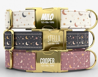 Personalized Celestial Moon Stars Dog Collar With Leash, Custom Engraved Name Buckle, Night Sky Leash TPPMC-8