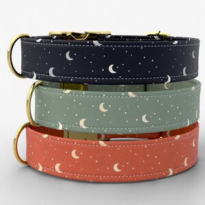 May include: A stack of three pet collars featuring a celestial pattern of white crescent moons and stars. The top collar is dark navy, the middle is sage green, and the bottom is terracotta orange. Each collar has gold-toned metal hardware.