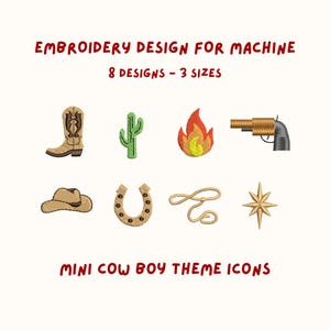 May include: An embroidery design set for machine use, featuring eight mini cowboy-themed icons in three sizes. The icons include a cowboy boot, cactus, flame, revolver, hat, horseshoe, rope, and star, all in a stitched style.