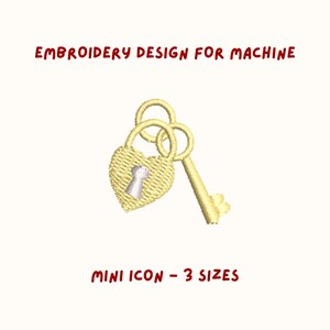 May include: A machine embroidery design featuring a heart-shaped lock and key in a gold color. The design includes the text "EMBROIDERY DESIGN FOR MACHINE" and "MINI ICON - 3 SIZES" in red.
