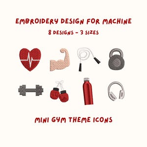 May include: An embroidery design for a machine with eight mini gym theme icons. The icons include a red heart with a white pulse, a flexed arm, a skipping rope, a kettlebell, a dumbbell, red boxing gloves, a red water bottle, and headphones.