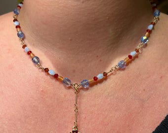 Gypsy Garland: Sparkly Blue and Red Garnet Swarovski Beads with Red and Blue Flower Pendant