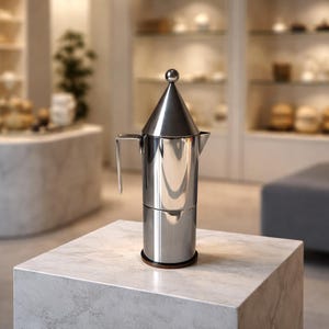 Può includere: Una caffettiera espresso in acciaio inossidabile con una parte superiore conica e una piccola maniglia. La caffettiera è appoggiata su una base di legno ed è esposta su una superficie di marmo. Il design è elegante e moderno.