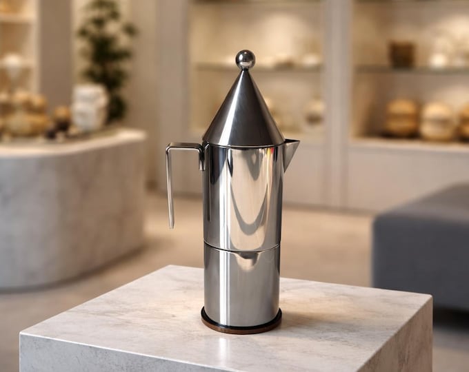 Featured listing image: Vintage Alessi La Conica Coffee Maker 6 Cups Aldo Rossi – Iconic Italian Design Espresso Maker – Stainless Steel Copper Base – 1980s