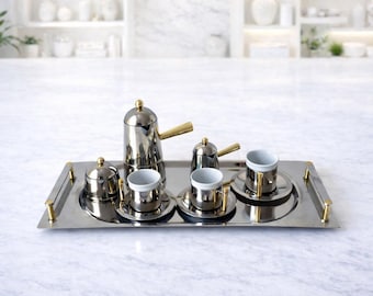 Juego de café espresso Lavazza Carmencita Gold Vintage de los años 70 – Juego de café italiano Marco Zanuso – Bandeja de acero inoxidable, tazas, lechera y azucarero