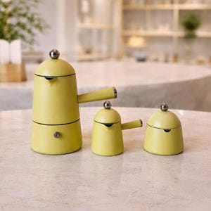 Vintage Lavazza Carmencita Coffee Maker Set 3 pcs Acid Lime Yellow Fantasy Line Moka Pot Mid Century Italian Design Rare Collectible