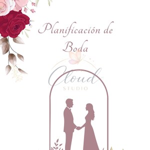 Puede incluir: Un diseño temático de boda con el texto "Planificación de Boda" y una silueta de una pareja. El diseño incluye elementos florales en tonos rosa, rojo y blanco, con el logotipo de "Cloud Studio".