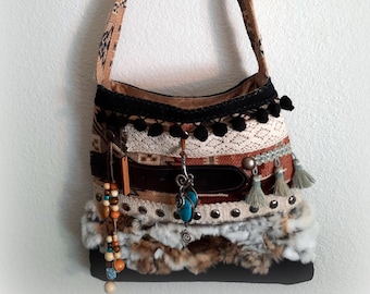 Navajo Shoulder Bag, Leather, Tassels, Handmade Bag, Fur Trim, Navajo Style Handbag