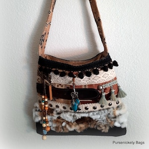 Navajo Shoulder Bag, Leather, Tassels, Handmade Bag, Fur Trim, Navajo Style Handbag