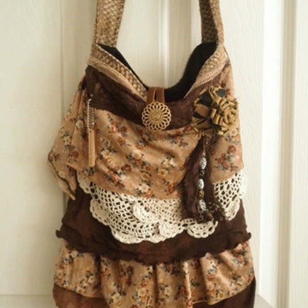 Gypsy Bag, large Shabby Chic bag, soft thick earthy cream and doilies, brown ruffled lace