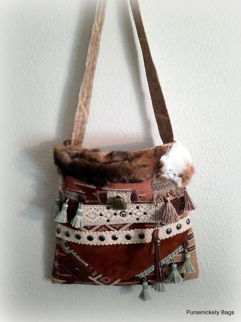 Navajo Shoulder Bag, Leather, Tassels, Handmade Bag, Fur Trim, Navajo