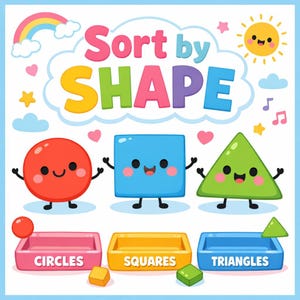 May include: A colorful educational graphic with the text "Sort by SHAPE". It features a red circle, blue square, and green triangle with smiling faces. Below are pink, yellow, and blue containers labeled "CIRCLES", "SQUARES", and "TRIANGLES". A rainbow and sun are in the background.