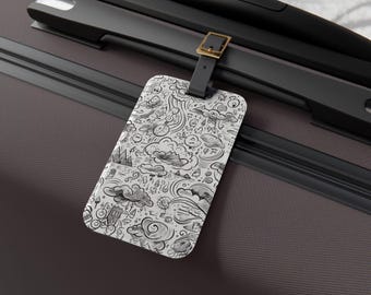 Etiqueta para equipaje con diseño divertido de dibujos del tiempo, regalo ideal para viajeros, etiqueta única para maletas, accesorio de aeropuerto, artículos esenciales para las vacaciones, regalo de Navidad.