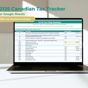 Peut inclure: Un ordinateur portable affiche une feuille de calcul T2125 Canadian Tax Tracker pour Google Sheets. L'écran montre un résumé de déclaration de revenus avec des catégories financières et des numéros de ligne de l'ARC. Le texte comprend "Revenus d'entreprise et COGS" et "Exercice 2026."