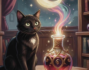 Schwarze Katze Alchemist Potion Kunstdruck, Moonlit Secrets Wand-Dekor