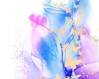 Digitales abstraktes Aquarelldesign mit Akzenten durch goldfarbene Schmetterlinge