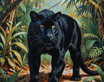 Ein schlanker schwarzer Panther, der durch einen üppigen Dschungel streift.