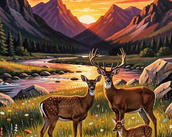 Sunset Serinity" Eine Hirschfamilie in den Majestätischen Bergen
