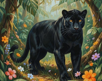 Zeichnung eines schwarzen Panthers vor einer Dschungelkulisse.