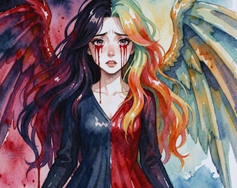 Aquarell Engel Print: Dualität der Seele, blutende Emotionen Illustration
