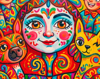 Mexikanische Volkskunst Malerei: Bunter Wächter Kreis Print