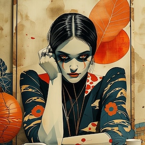 May include: An artistic illustration of a woman with dark hair and striking red eyes, adorned with a black and navy blue patterned kimono. The image features a table with a book, pen, and teacup, set against a backdrop of orange and beige tones.