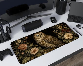 Owl Floral Desk Mat, Vintage Botanical Gothic Decor