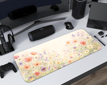 Wildflowers Print XXL Desk Mat | Extended Meadow Mouse Pad | Oversized Colorful Bloom Gaming Pad | Large Pastel Workspace Pad