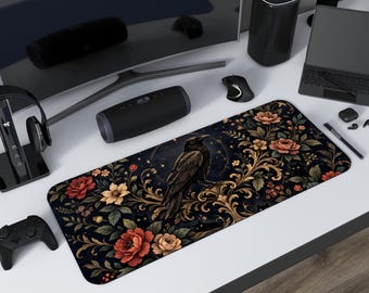 Medieval Floral Crow Desk Mat - Medieval Birds Botanical XL Mousepad - Deskmat For Home Office